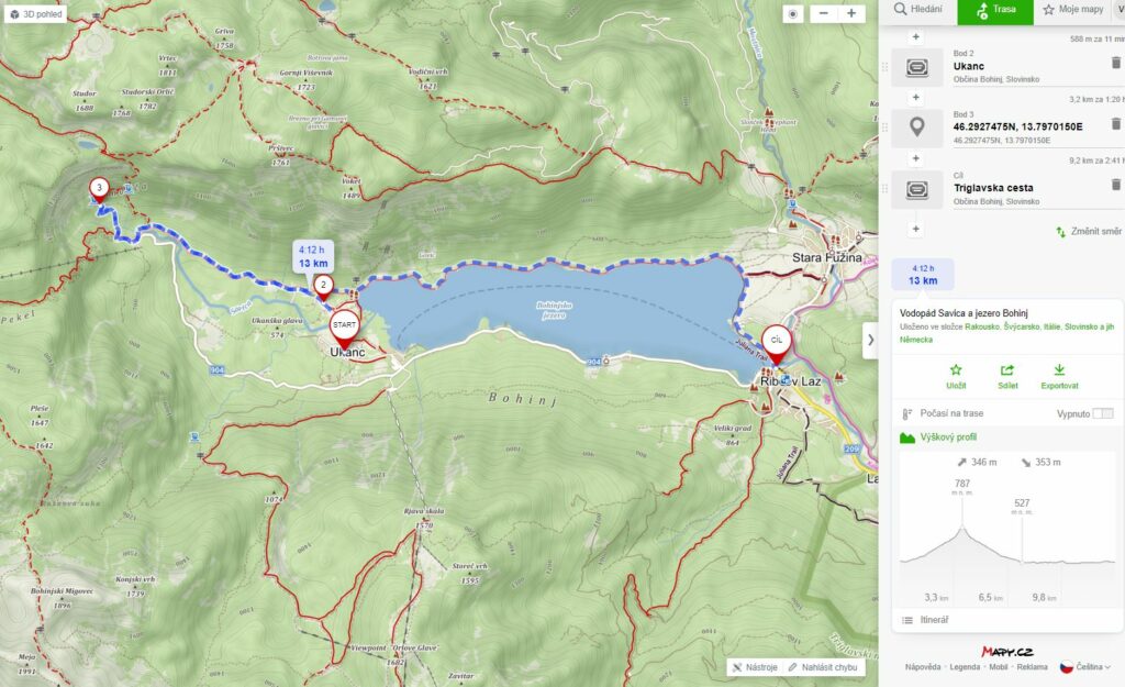 mapa - Savica a jezero Bohinj